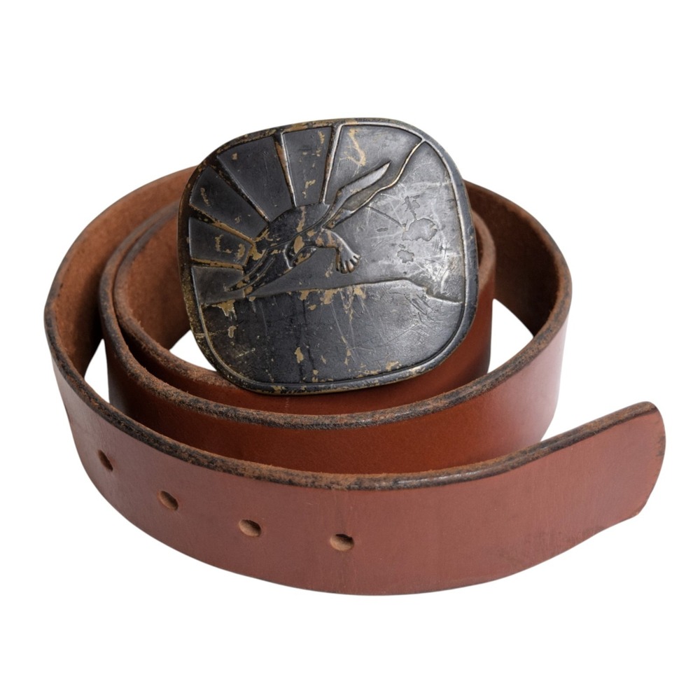 Vintage 70s Brass Seagull Sun Buckle Steerhide Brown 38" Leather Belt Strap - Picture 1 of 14